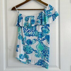 Lilly Pulitzer Top Neveah One Shoulder Resort White Barefoot Princess